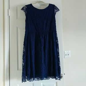 Nuture Lace Sleeve Navy Knee Length Dress